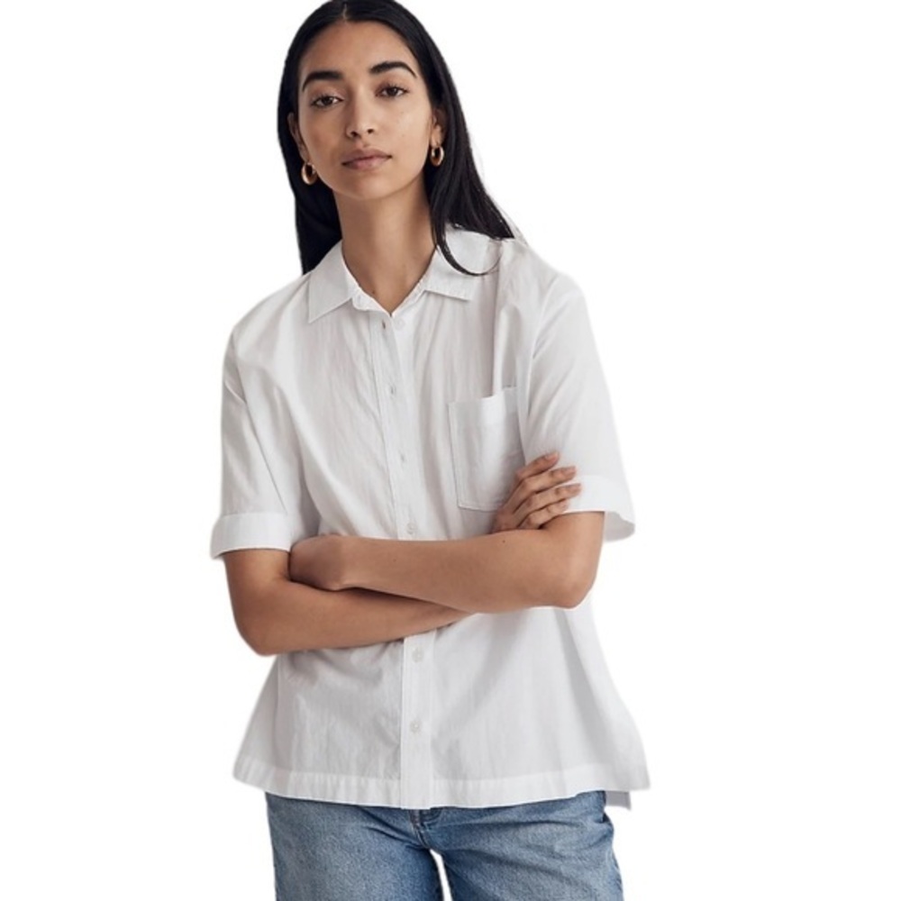MADEWELL SIGNATURE POPLIN OVERSIZED SHORT SLEEVE BUTTON DOWN WHITE SHIRT XS